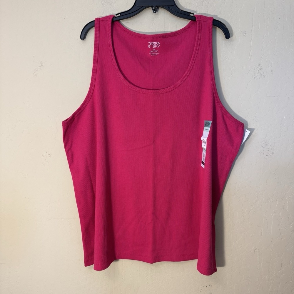 Terra & Sky Tank Top Women 4X (28W-30W) Pink Ribbed Stretch Sleeveless Shirt NEW